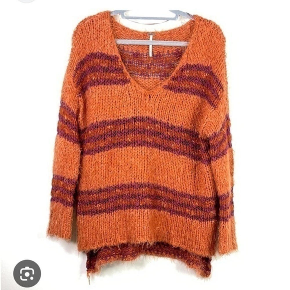 Free People Orange and Purple V-Neck Sweater